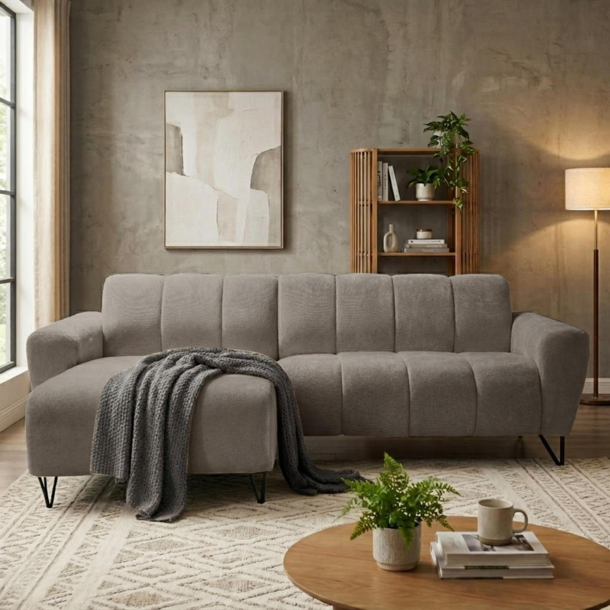 ECKSOFA Volare Mini ohne Schlaffunktion dunkelbeige links, Storm-Stoff - Beige/Schwarz, Textil/Metall (256/165cm) - Beautysofa