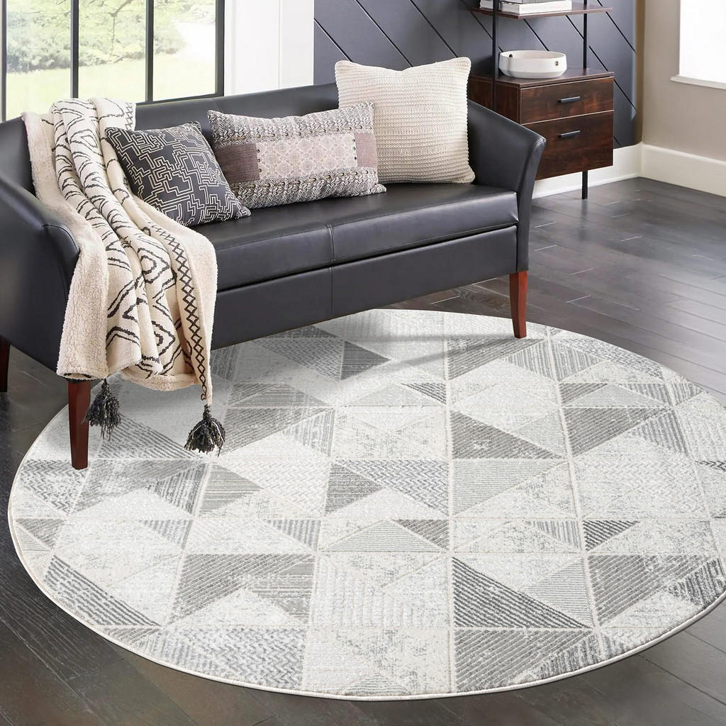 Thumbnail - carpet city Kurzflor-Teppich, Grau, Textil, Grafikmuster, Rund, 200x200 cm, Oeko-Tex® Standard 100, für Fußbodenheizung ...