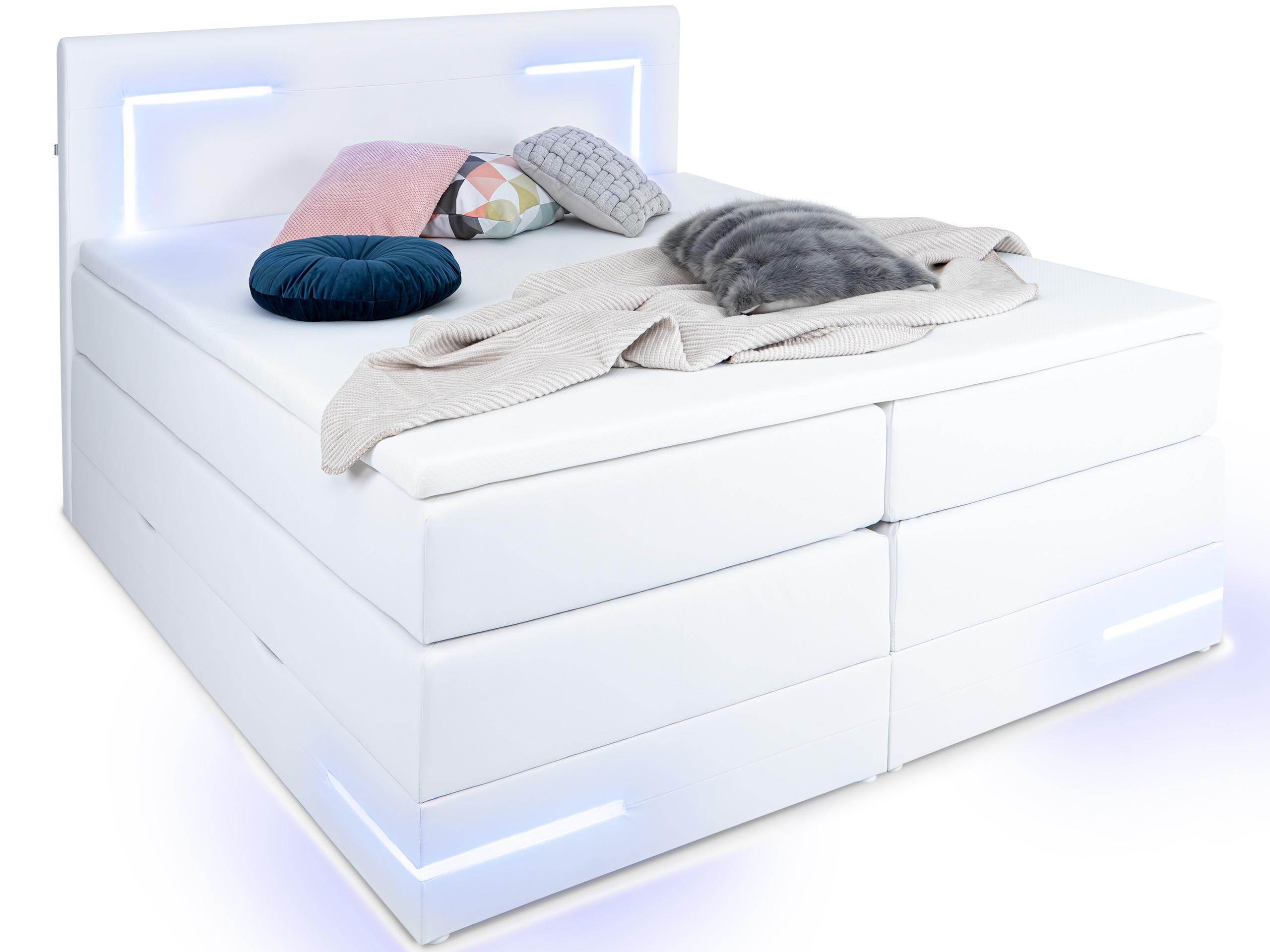 BOXSPRINGBETT Lights 2.0 Weiß 160/200 cm H2/H3 Kunstleder - Weiß, Textil (160/200cm) - wonello