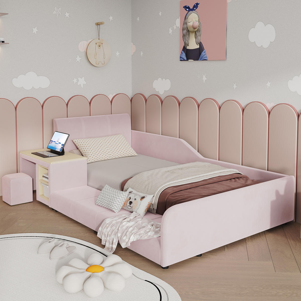 KINDERPOLSTERBETT 90x200 cm in Pink mit Schreibtisch, Hocker und Ablageboden - Pink, Textil (90/200cm) - IVMEU