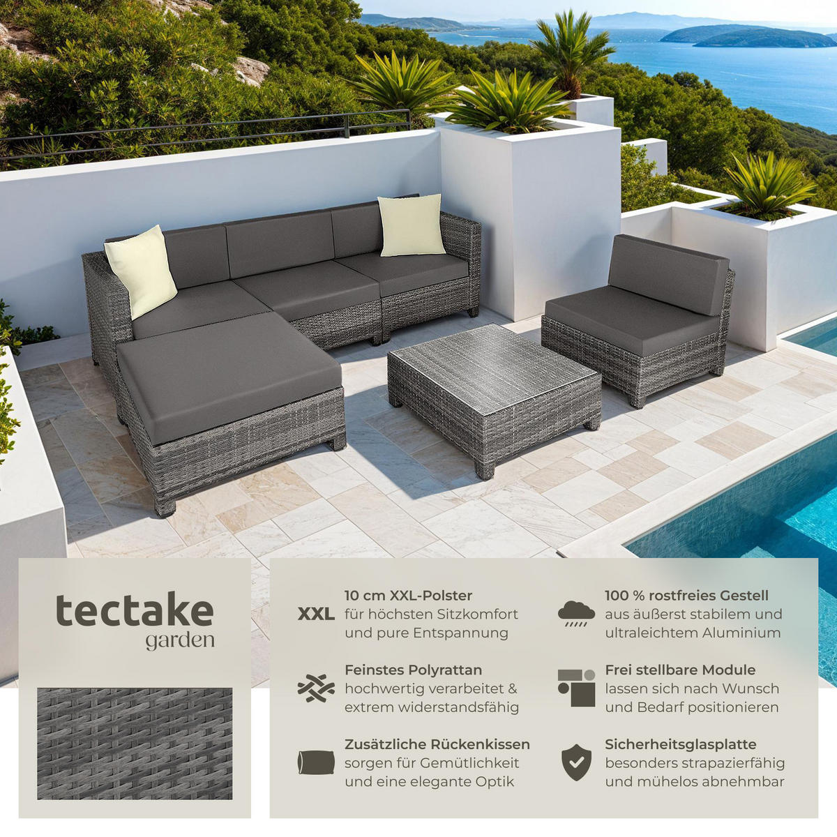 RATTANLOUNGE , mit Sicherheitsglasplatte, grau - Grau, Kunststoff - tectake