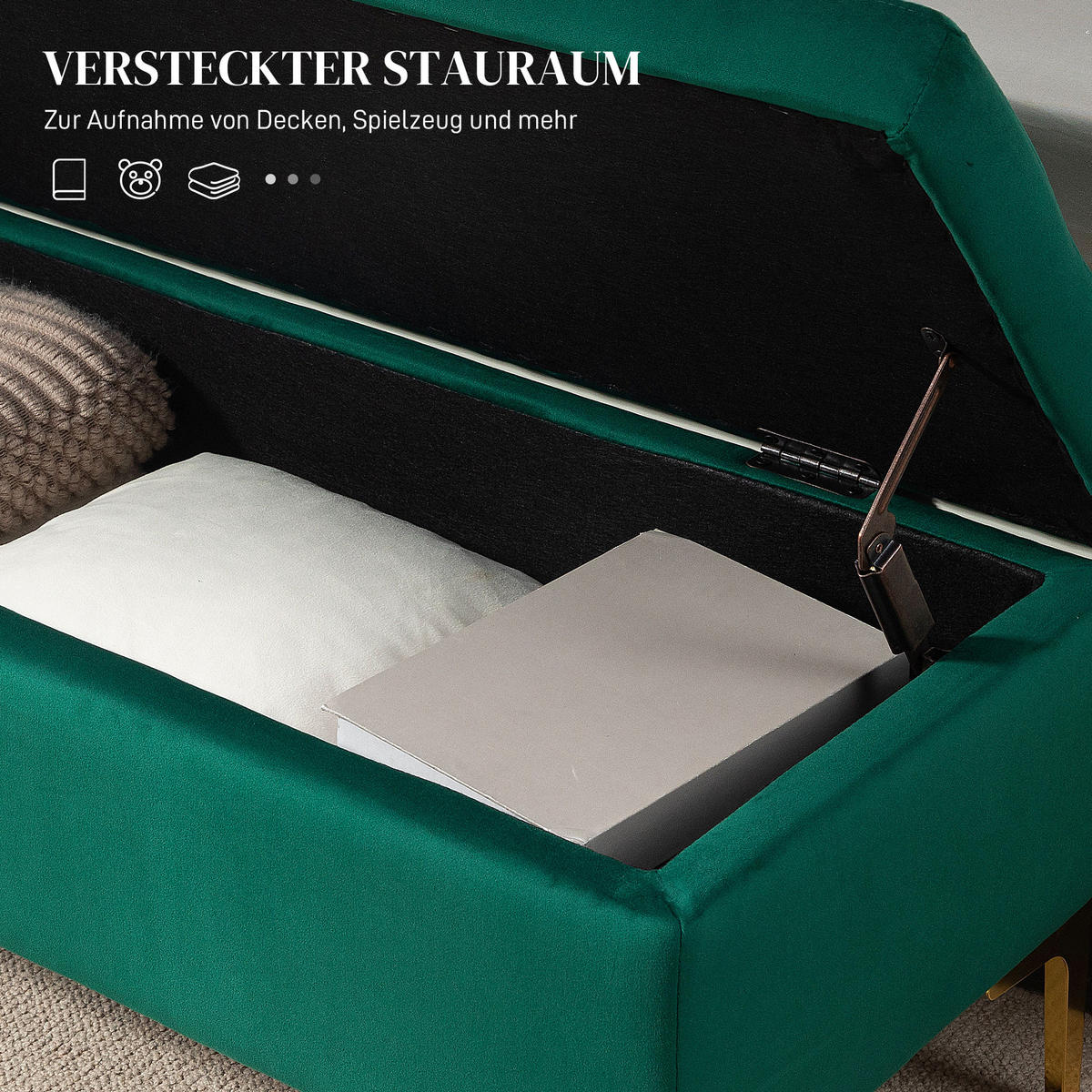 SITZBANK mit Stauraum, Polsterbank mit Samtoptik, Metallbeine, für Wohnzimmer - Goldfarben/Grün, Kunststoff/Textil (44/44.5/120cm) - HOMCOM