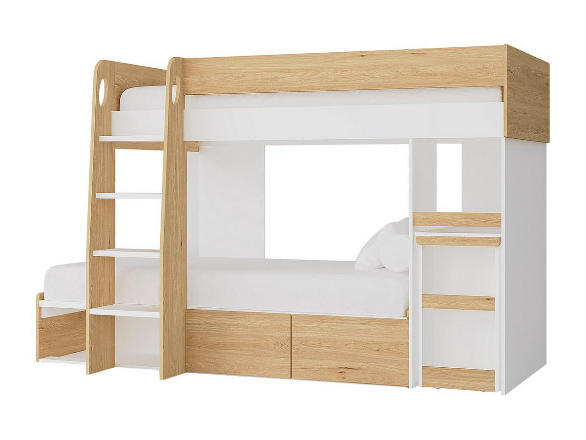 ETAGENBETT mit Schreibtisch & Stauraum - 2 x 90 x 190 cm - Holzfarben & Weiß - LOMIDEN - Naturfarben, Holz (184.3/196.3cm) - Vente-Unique