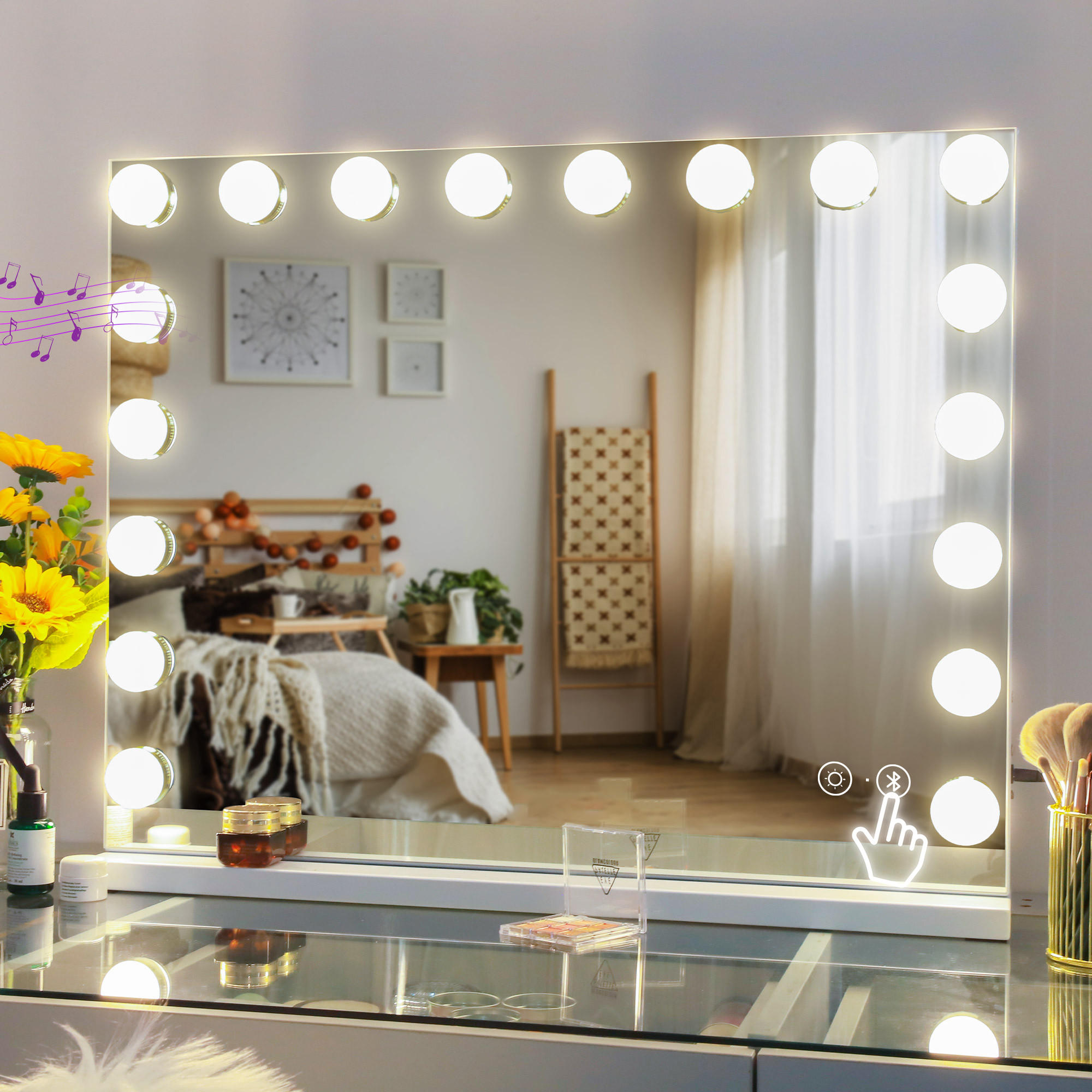 SCHMINKSPIEGEL mit LED-Beleuchtung und Bluetooth weiß 80/58 cm - Weiß, Metall (80/58/3cm) - VANITII