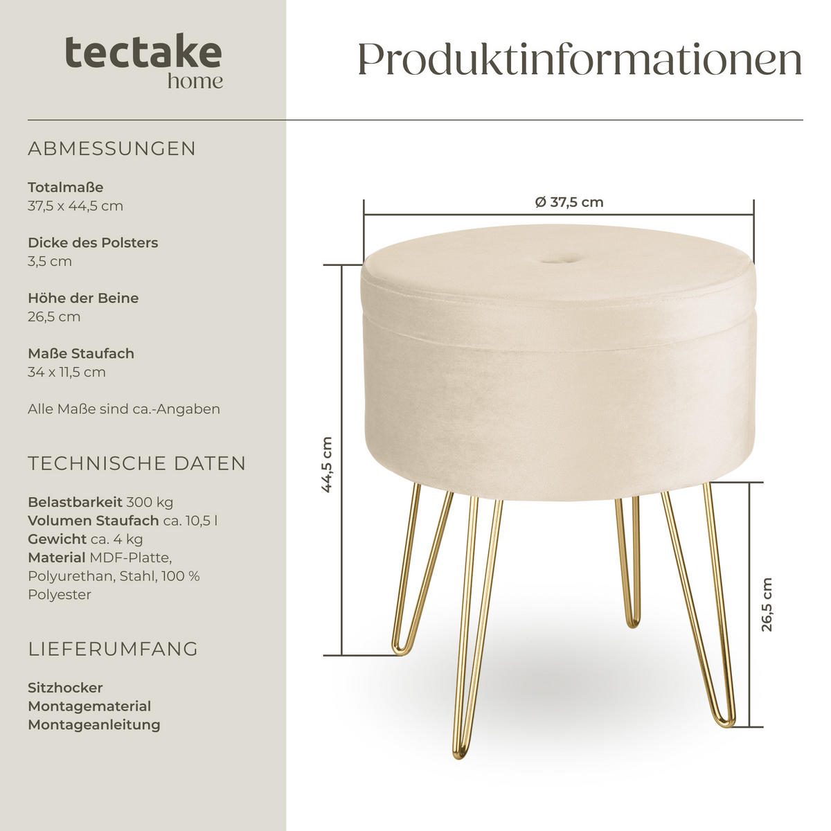 SITZHOCKER mit Stauraum Ava,37,5 x 44,5 cm,creme - Creme, Holz (37.5/44.5/37.5cm) - tectake