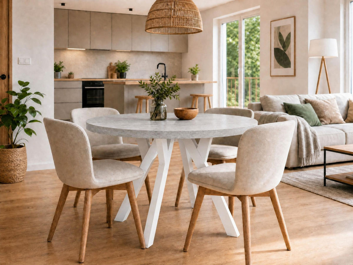 ESSTISCH ausziehbar rund ATO, 100-200 cm, Dekor Beton, weiße Holzbeine - Weiß/Grau, Holzwerkstoff/Buchenholz (100/100/77cm) - VENASI MÖBEL