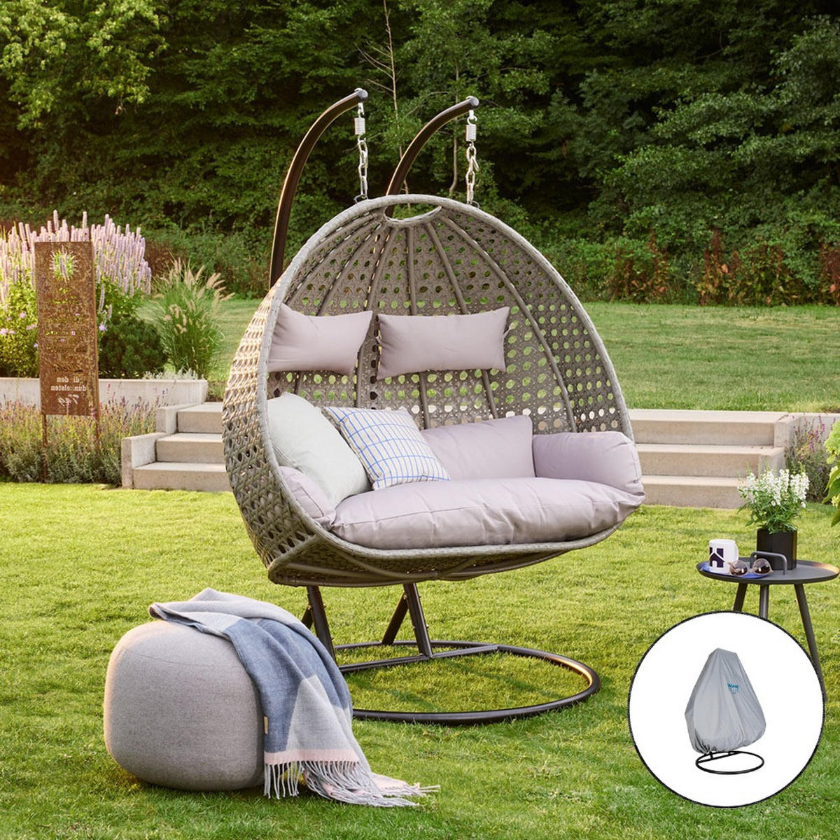 HÄNGESESSEL TWIN - Grau, Mit Regenabdeckung - Grau, Kunststoff (145/126/74cm) - Home Deluxe