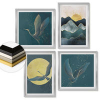 WANDBILDER 4er Set - 50x50 cm & 40x60 cm Silberner Rahmen - Vögel, Kraniche, Mond, Berge - Silberfarben, Kunststoff (50/50cm) - ArtPrintCave