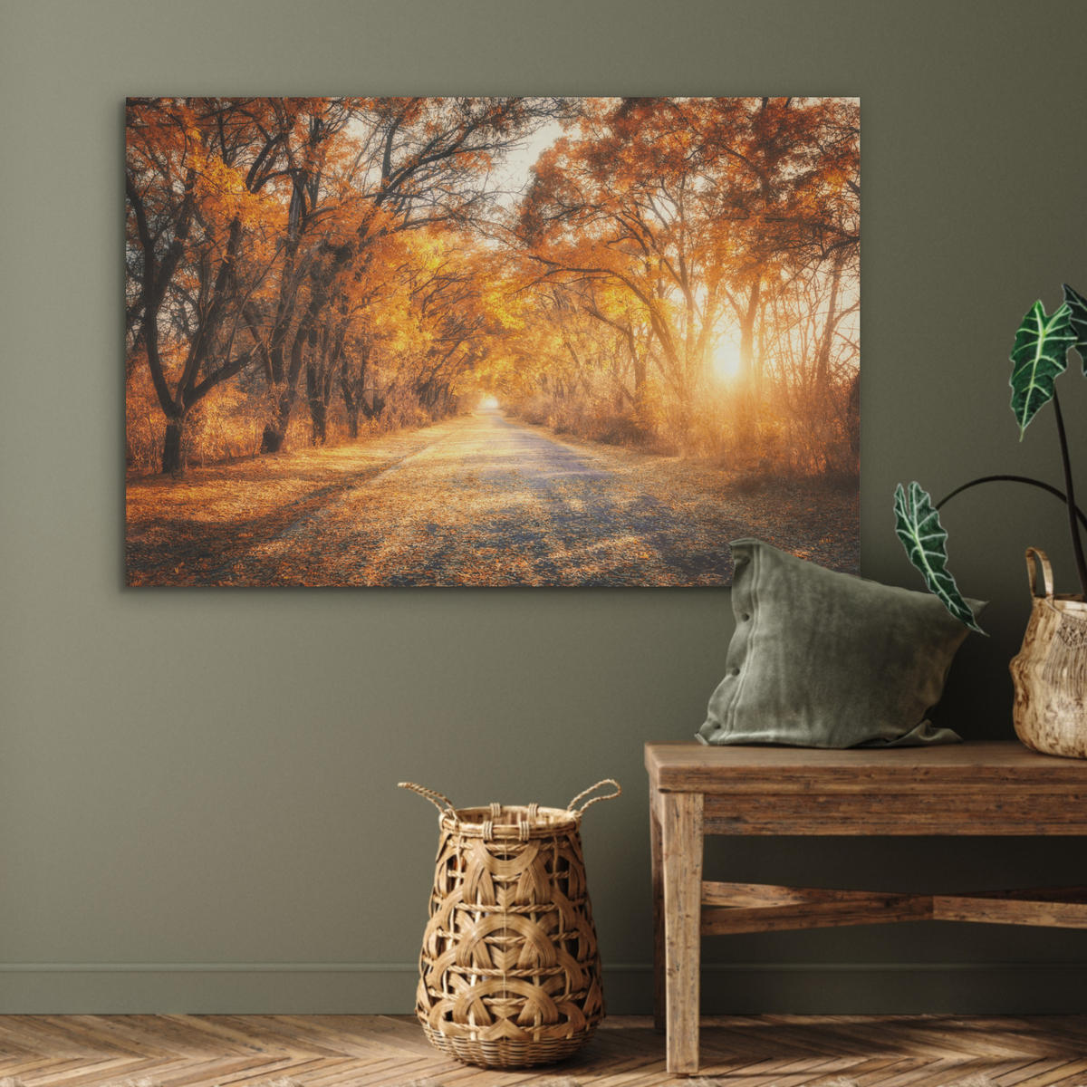 AKUSTIKBILD Wald - Herbst - Bäume - Waldweg - Natur Akustikpaneele 90x60 cm - Bernsteinfarben, Kunststoff (90/60/0.9cm) - MuchoWow