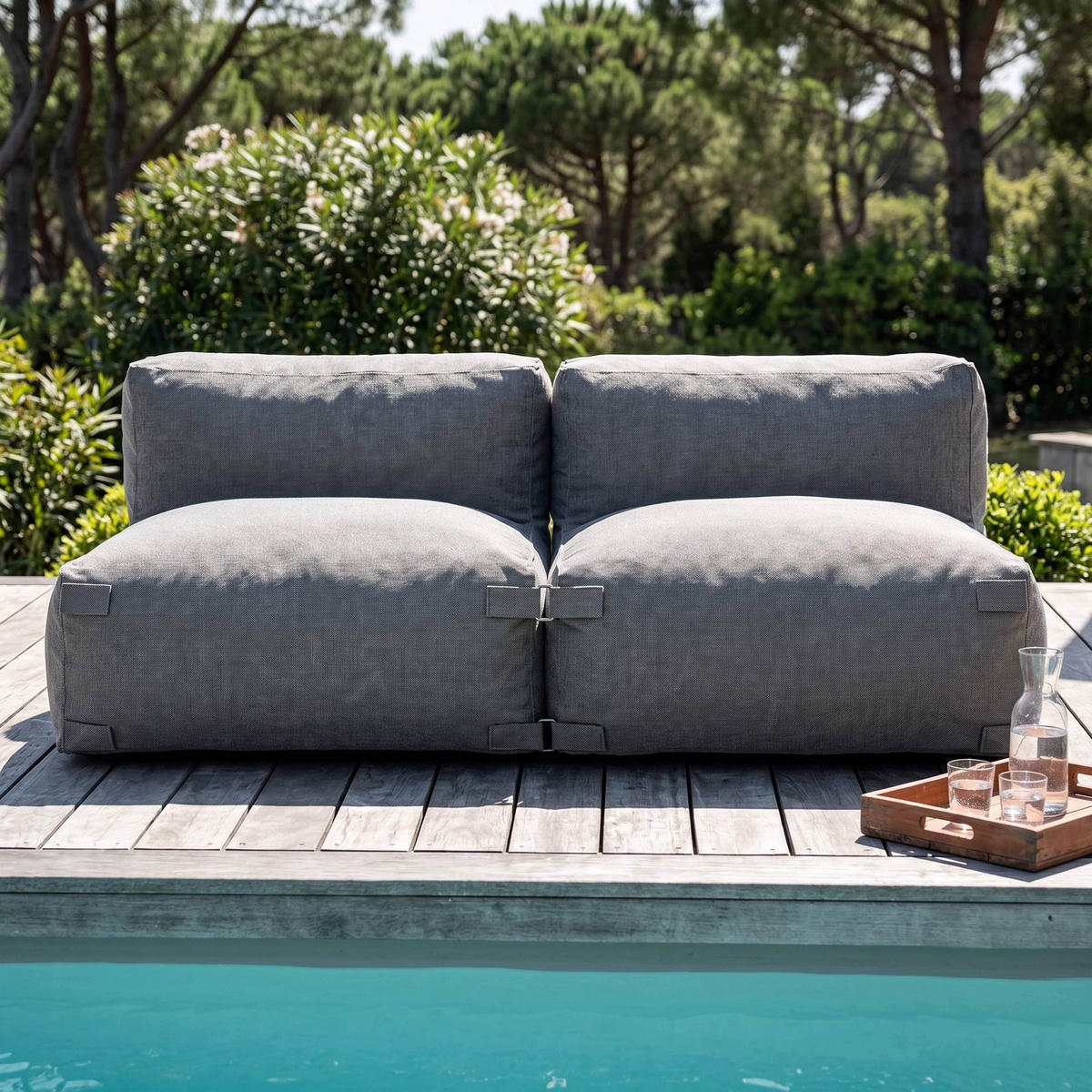 GARTENSOFA mit 2 Sitzplätzen, Grau - Grau, Textil - Oviala