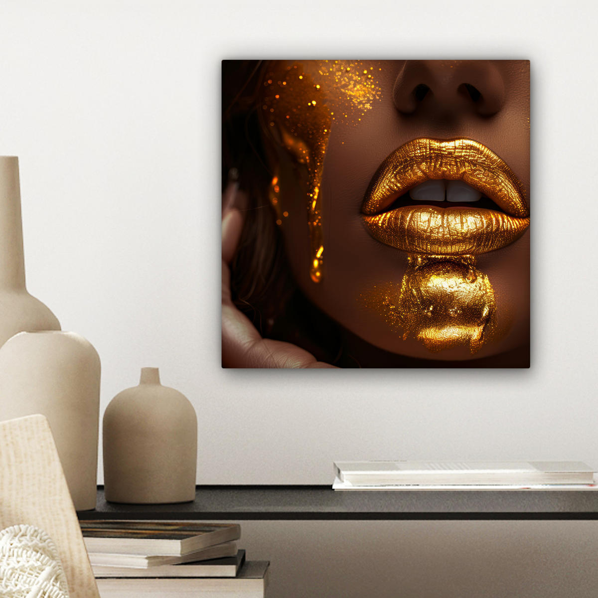 LEINWANDBILD Frau - Gold - Luxus - Porträt Deko Wohnzimmer 20x20 cm - Goldfarben, Textil (20/20cm) - MuchoWow