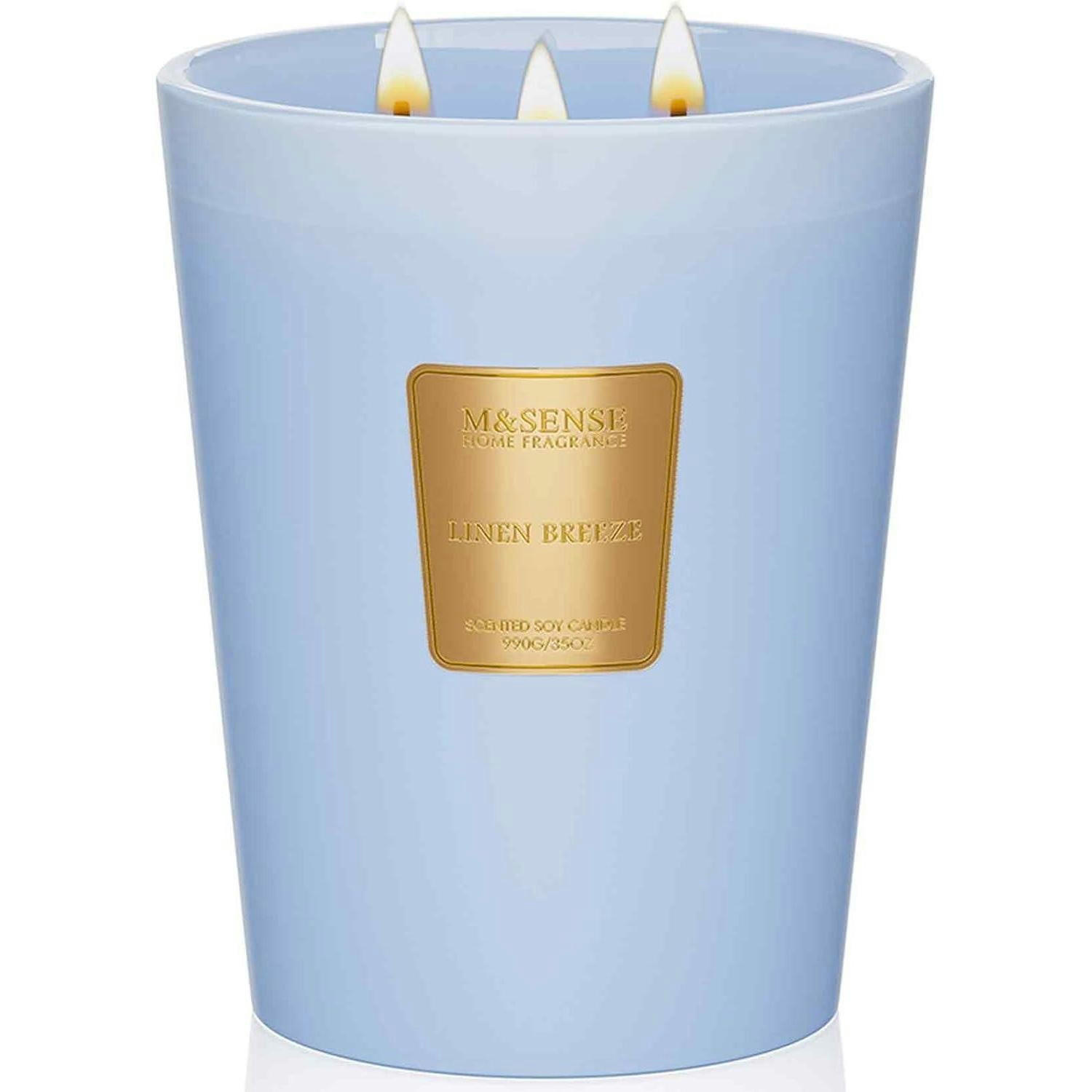 DUFTKERZE im Glas Leinen Brise 3-Docht 990g 150h Brenndauer Blau - Blau, Paraffin (16cm)