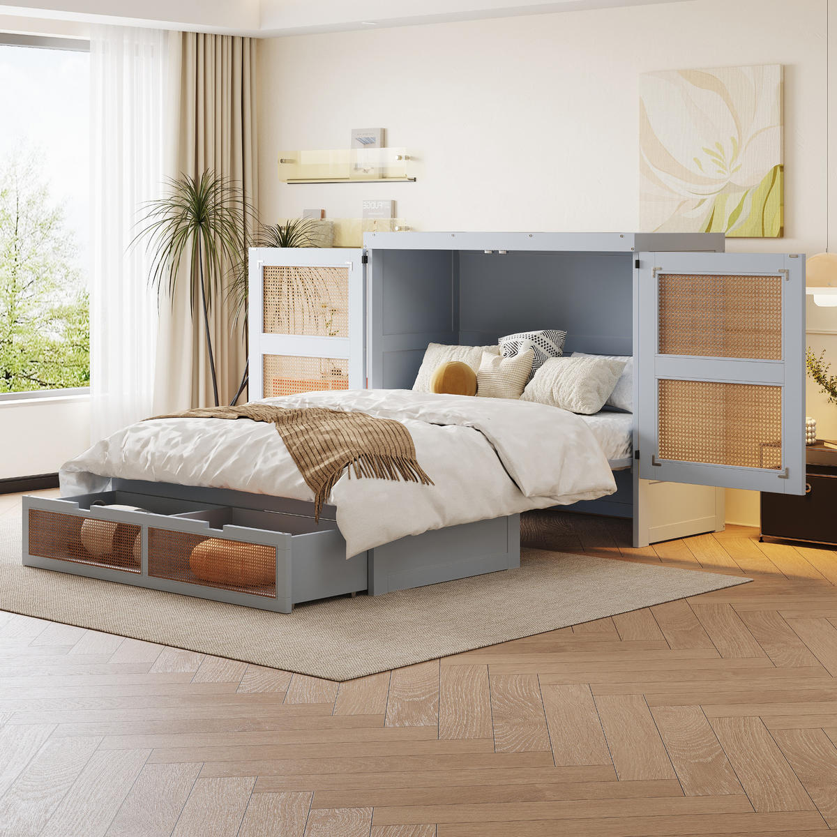 ZIDNI krevet od drva 140x200 cm sivi sa spremišnim ladicama, rotirajućim vratima 270° i ratan detaljima - siva, drvni materijal (135/190cm) - Modfu
