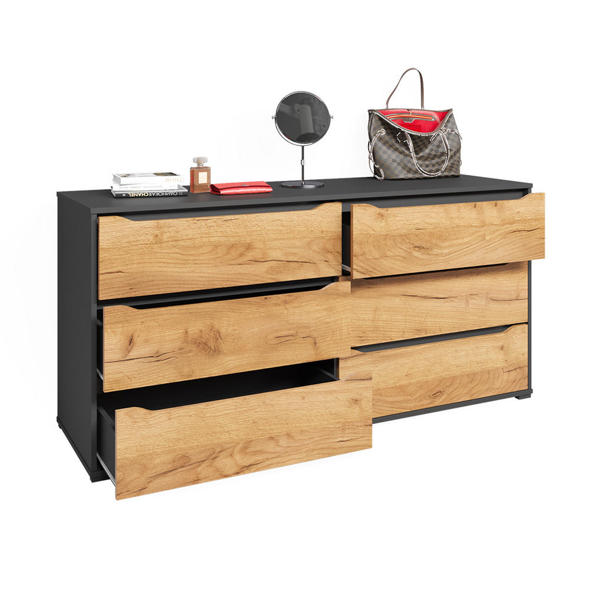 KOMMODE Ruben Goldkraft Eiche/Anthrazit 48 x 77.6 cm mit Schubladen - Anthrazit/Eiche Wotan, Holzwerkstoff (48/77.6/160cm) - Vicco