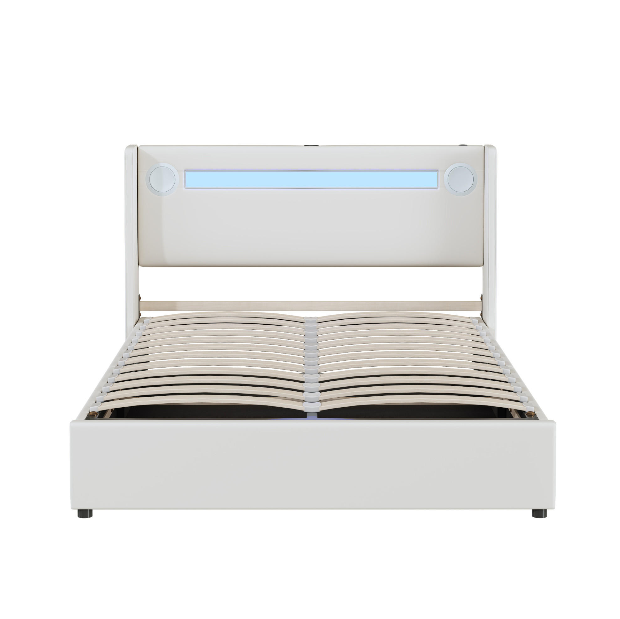 ČALÚNENÁ posteľ z PU kože 140x200 cm biela s LED osvetlením, Bluetooth a USB, úložným priestorom - biela, plast (140/200cm) - Modfu