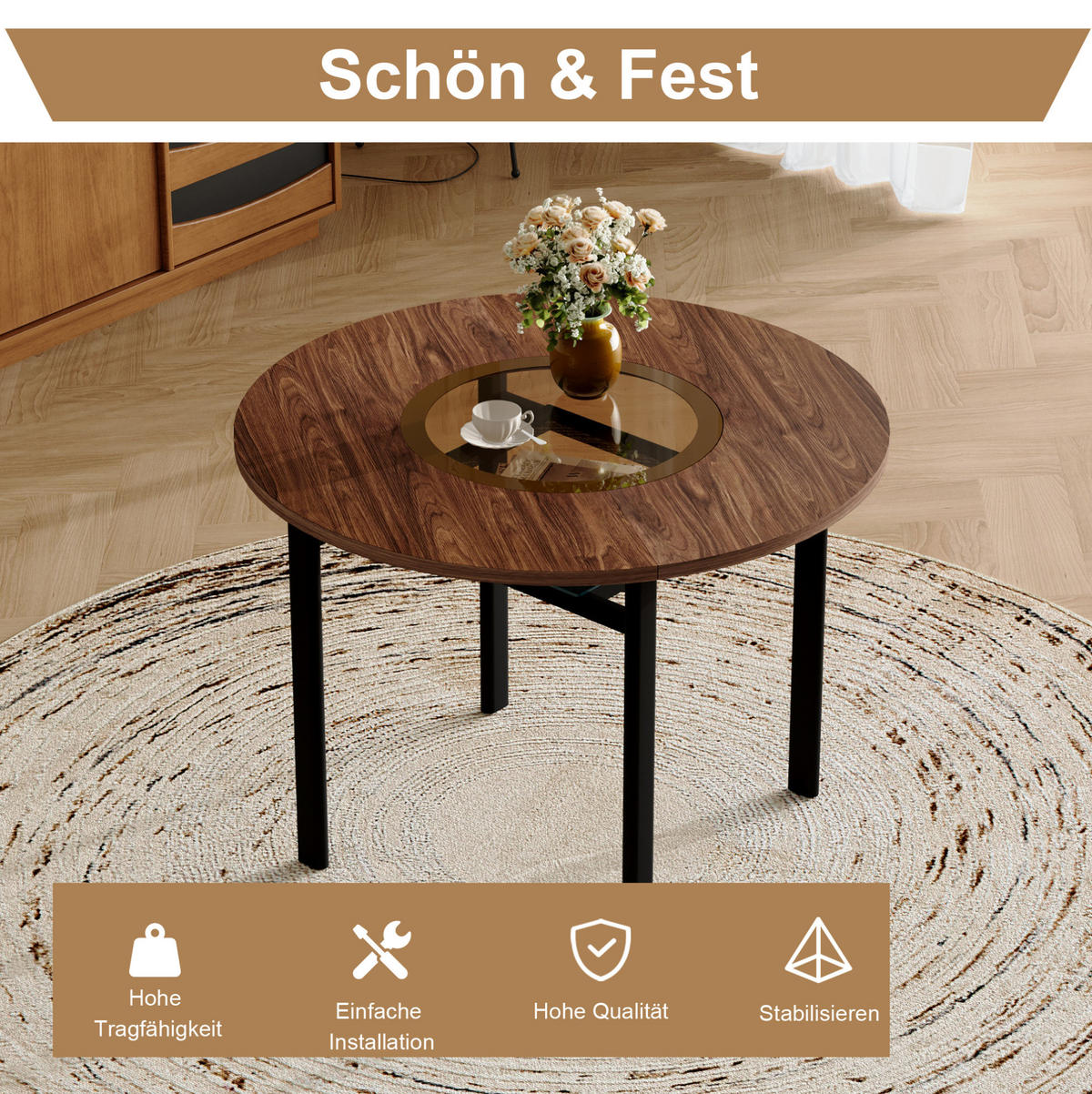 ESSTISCH 100 cm Braun/Schwarz aus Glas, Metall und MDF mit Glasintarsie - Braun, Holzwerkstoff (100/100/76cm) - OKMYHOME