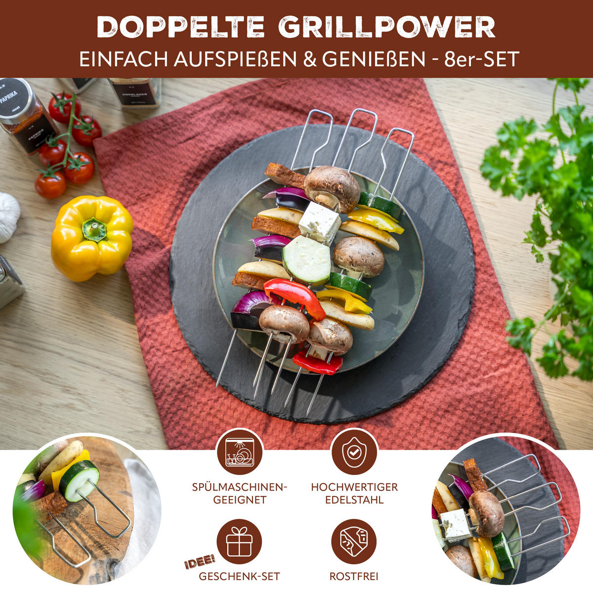 DOPPEL-GRILLSPIESSE 8er-Set, silber, Edelstahl - Edelstahlfarben, Metall (0.26/2.7/29cm) - bremermann
