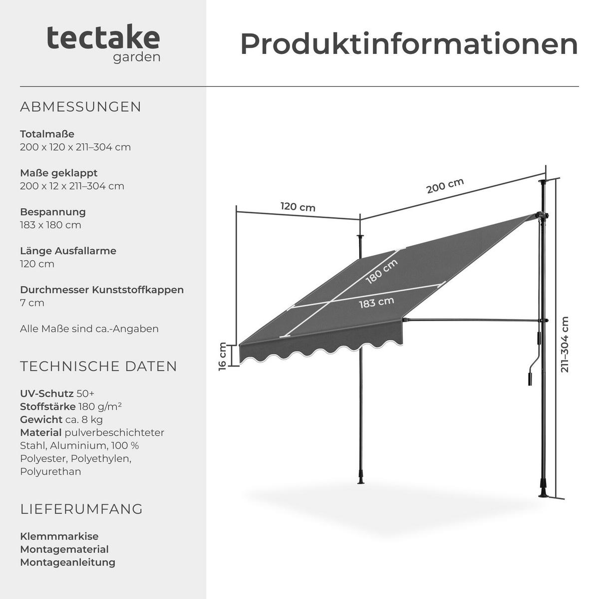 KLEMMMARKISE MIT HANDKURBEL , wasserabweisend, schwarz/grau - Schwarz/Grau, Textil (200/304/180cm) - tectake