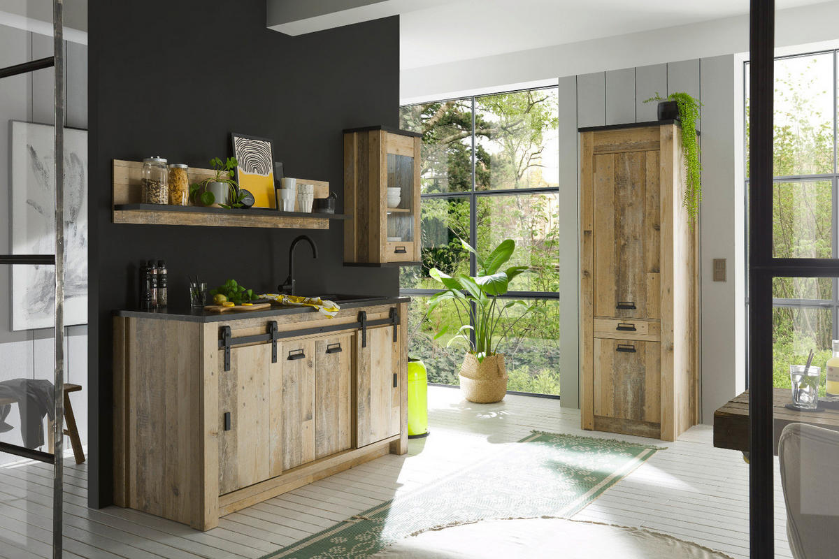 KÜCHEN-SET Used Wood hell, anthrazit, Küchenschrank Set 4-teilig mit Soft-Close - Anthrazit/Schwarz, Glas/Holzwerkstoff (161/201/64cm) - Furn.Design