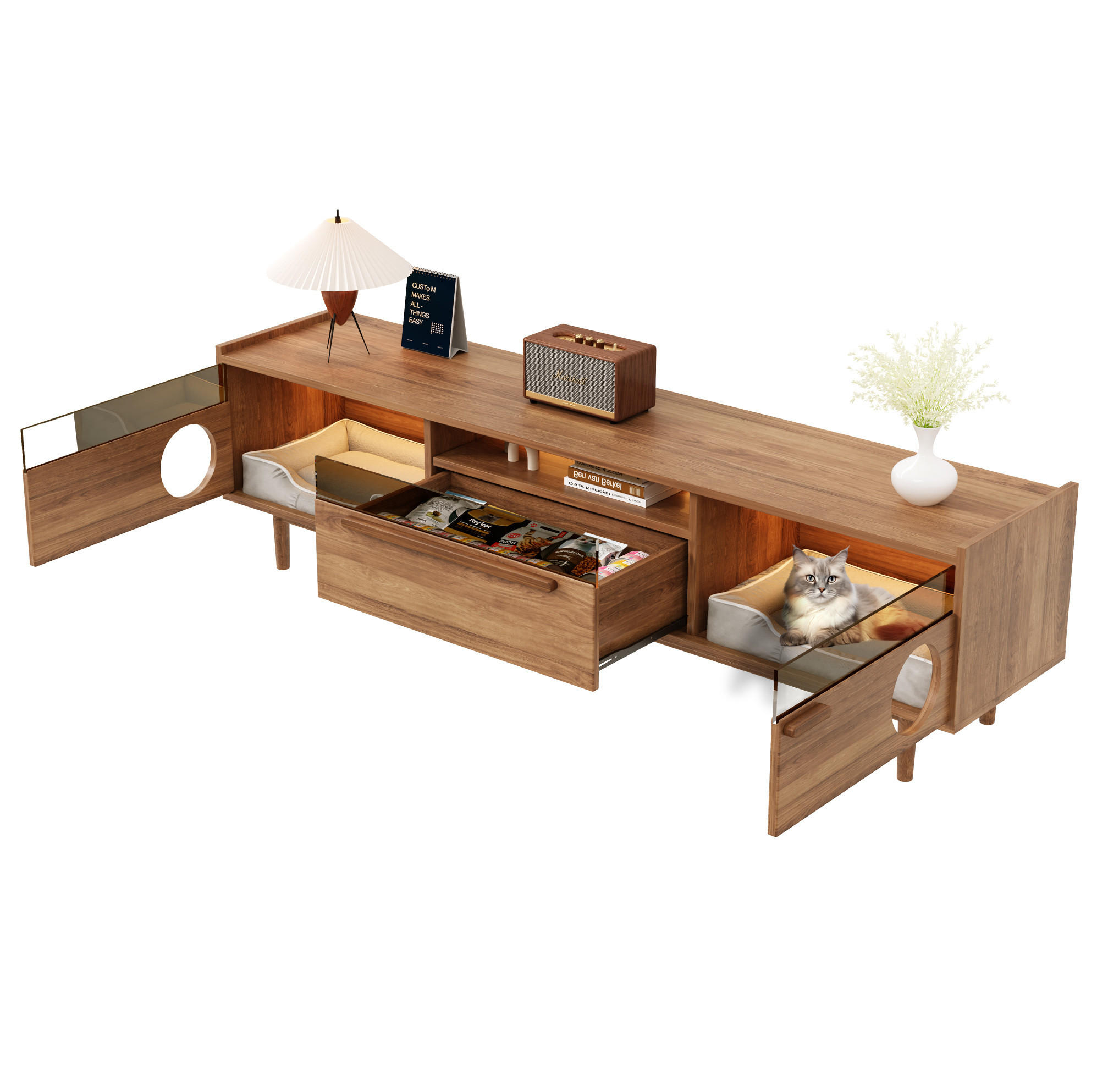 LOWBOARD 180/40/50 cm Walnussfarben aus MDF und gehärtetem Glas mit LED-Beleuchtung und Katzenruheraum - Walnussfarben, Holzwerkstoff (40/50/180cm) - OKMYHOME