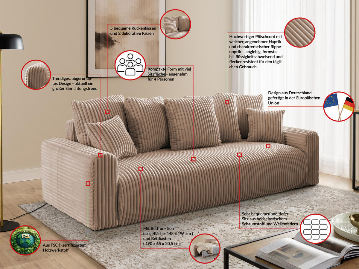 SCHLAFSOFA Calma mit Bettkasten im Bumpy-Design aus weichem Beige Plüschcord - Beige/Schwarz, Holz/Kunststoff (239/88/98cm) - S-Style