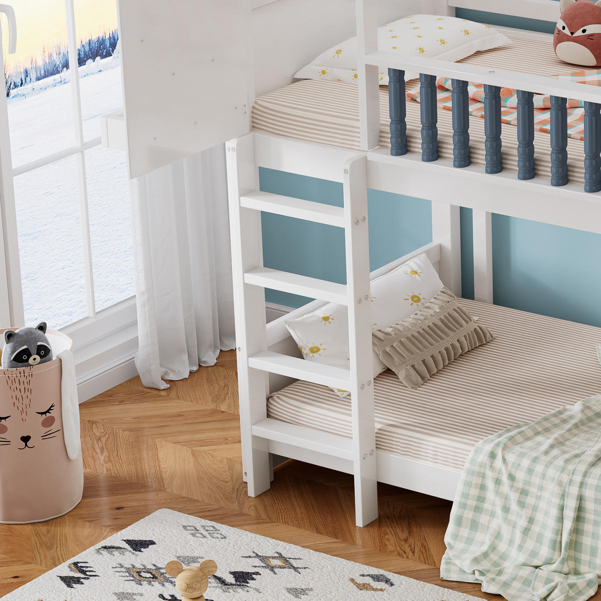 HAUSBETT 90x200cm mit vierstufiger Leiter in Weiß+Blau - Weiß, Holz (90/200cm) - KOMHTOM