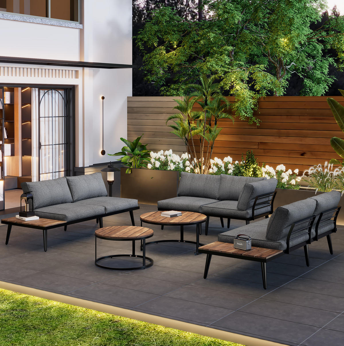 GARTENLOUNGE-SET 160/64/75 cm 6-tlg. mit 8 cm Kissen, modularer Kombination und verzinktem Eisenrahmen, Antikgrau - Grau, Metall - Redom