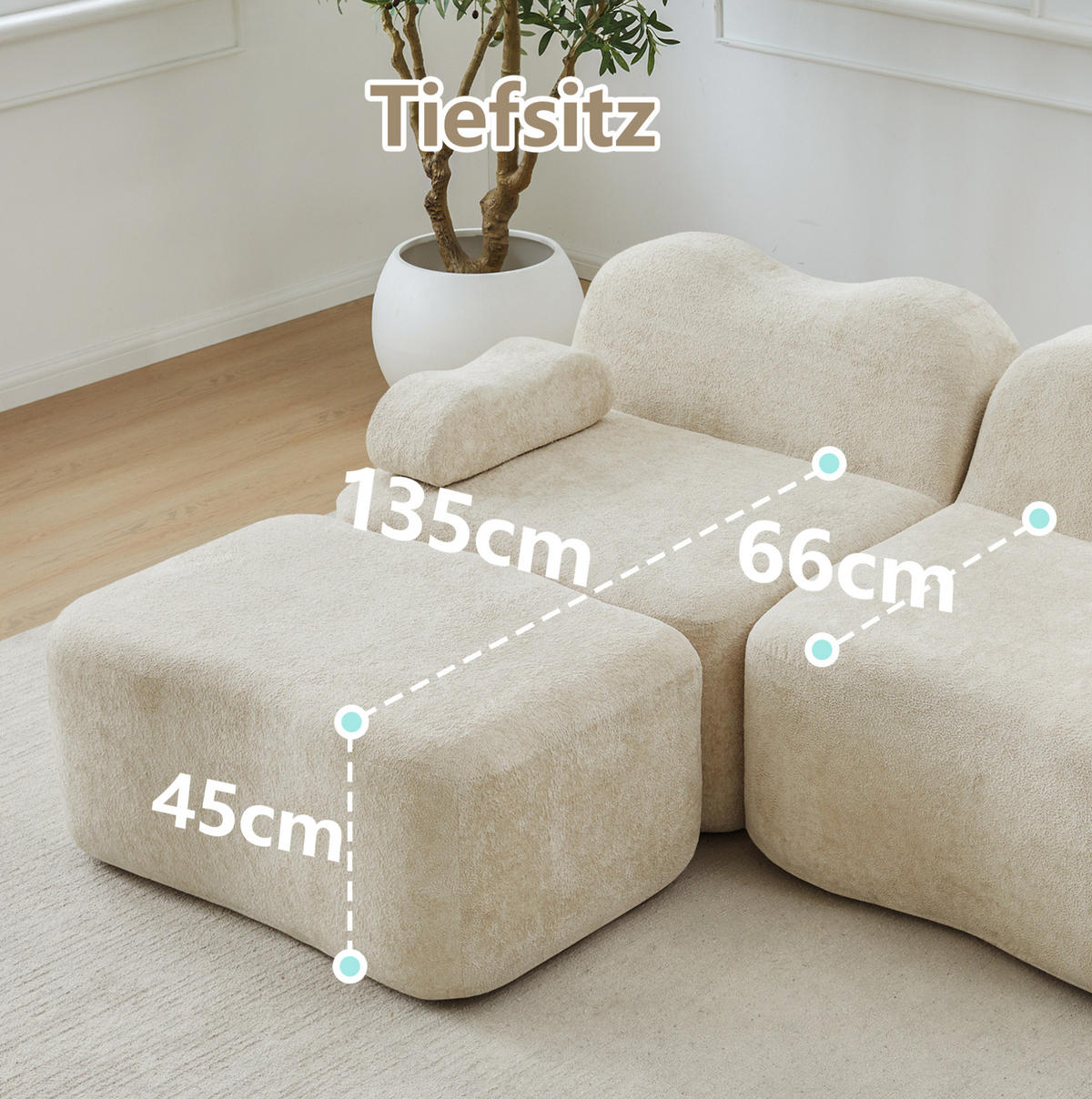 SOFA 192/167/70 cm in Beige aus Samt mit Hockern - Beige, Textil (167/70/192cm) - Flora Grace