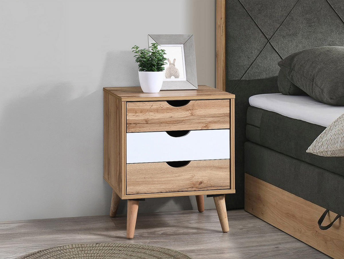 NACHTTISCH mit 3 Schubladen - Holzfarben & Weiß - LURVIA - Naturfarben, Holz (45/56.8/40.5cm) - Vente-Unique