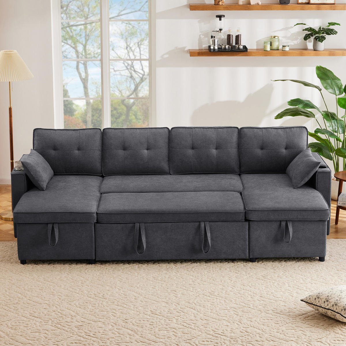 SCHLAFSOFA U-Form, Baumwolle-Leinen mit Stauraum & Getränkehaltern, 270/130/86 cm, Grau - Grau, Textil (130/86/270cm) - Redom