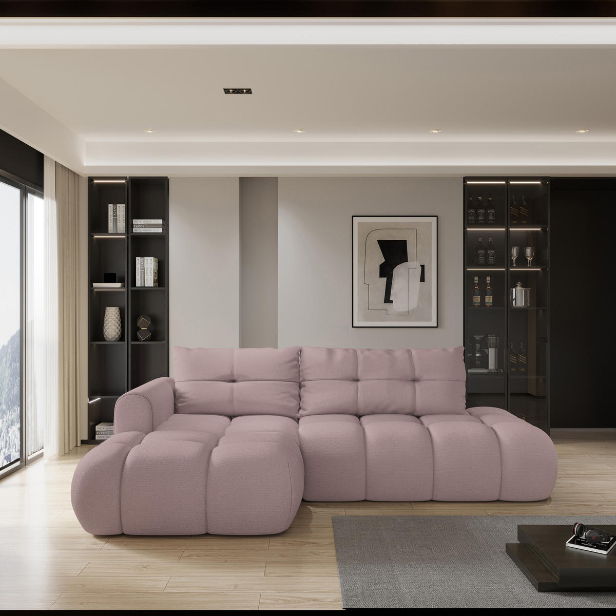 ECKSOFA FLUMA L-S Rosa Geflochtener Stoff mit Schlaffunktion - Rosa, Holz (274/165cm) - MASSENO