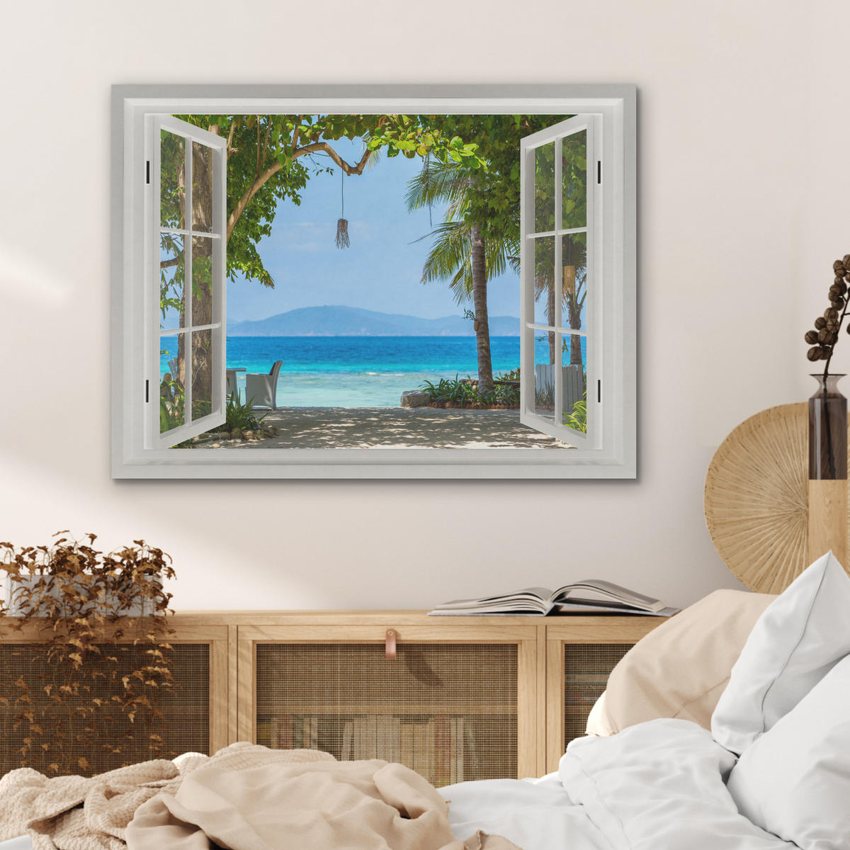 AKUSTIKBILD Aussicht - Baum - Meer - Palme - Hügel - Strand - Blau Gemälde 80x60 cm - Blau, Textil (80/60/0.9cm) - MuchoWow