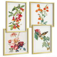 BILDER SET 4er Set - 50x50 cm & 40x60 cm Goldrahmen - Gemalte Blumen, Retro-Vogel - Goldfarben, Kunststoff (50/50cm) - TULUP