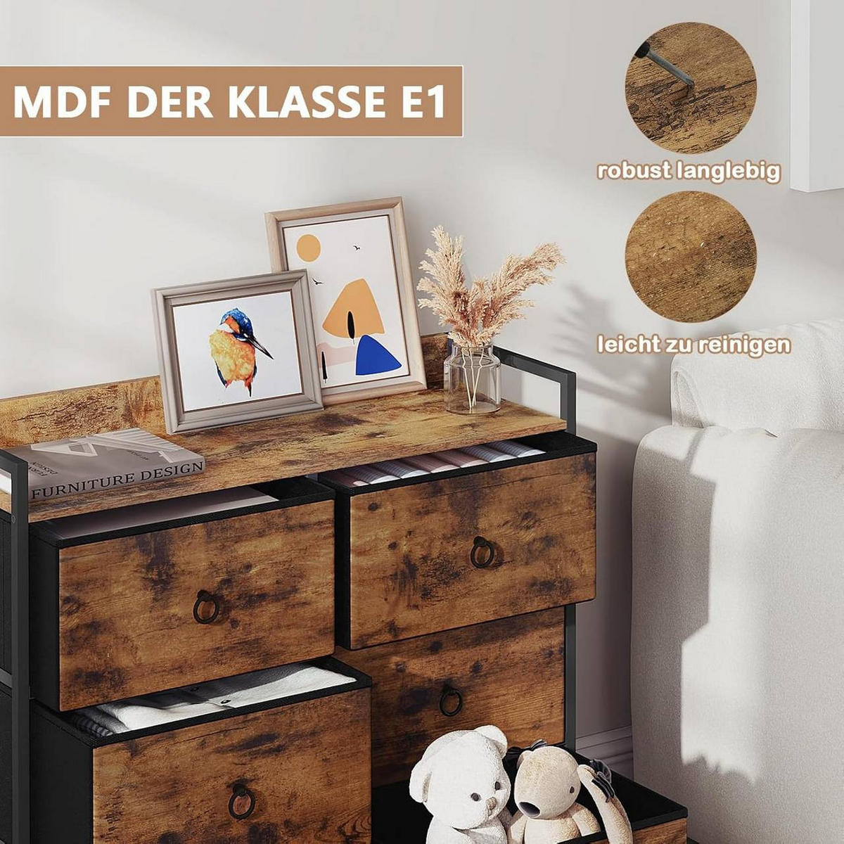 KOMMODE mit 6 Schubladen, Industrial Stil, Vintagebraun - Dunkelbraun/Schwarz, Holzwerkstoff/Kunststoff (80/78/29cm) - Woltu