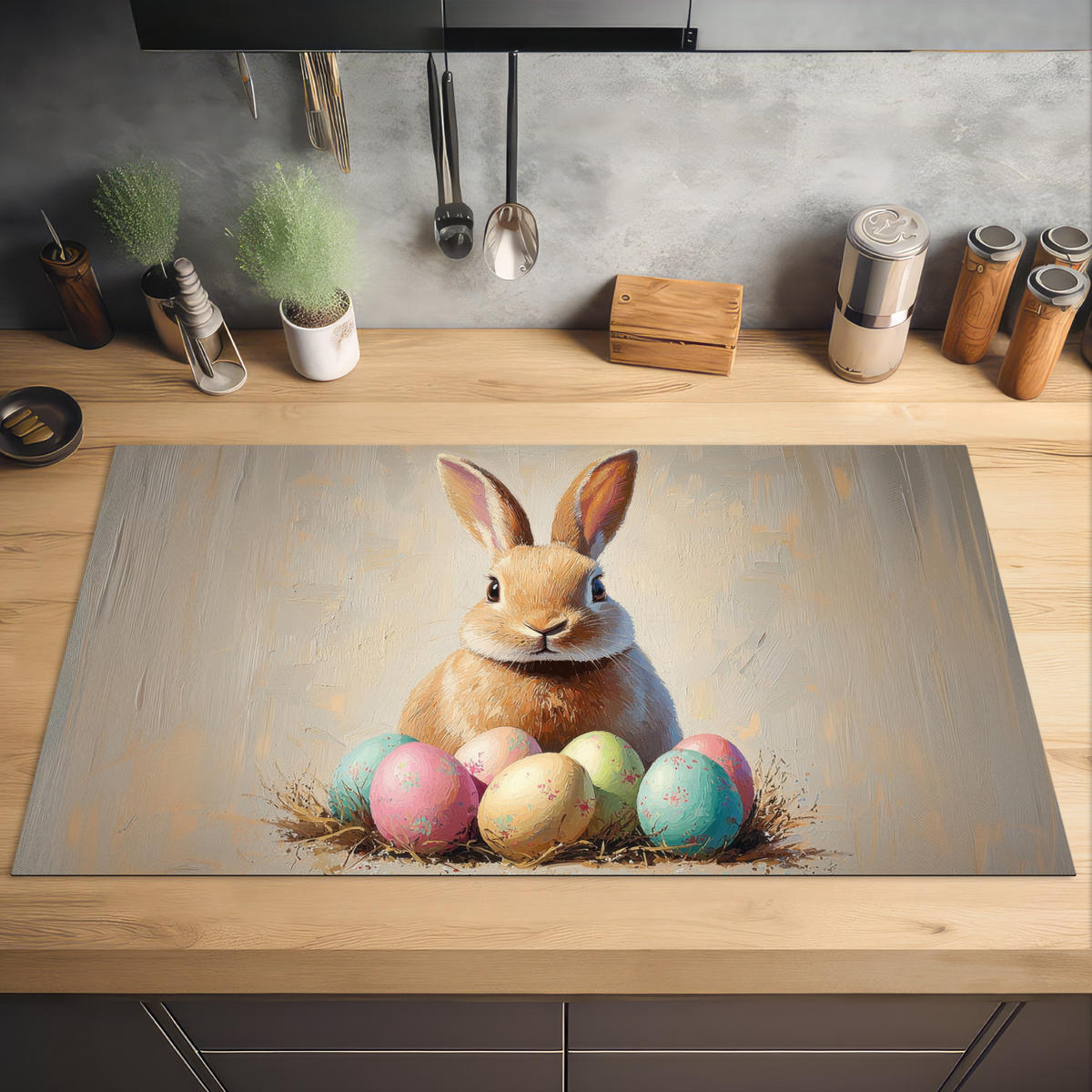 HERDABDECKPLATTE Osterhase - Pastell - Eier Induktionsschutz 91.2x52 cm - Beige, Kunststoff (91.2/52/0.2cm) - MuchoWow