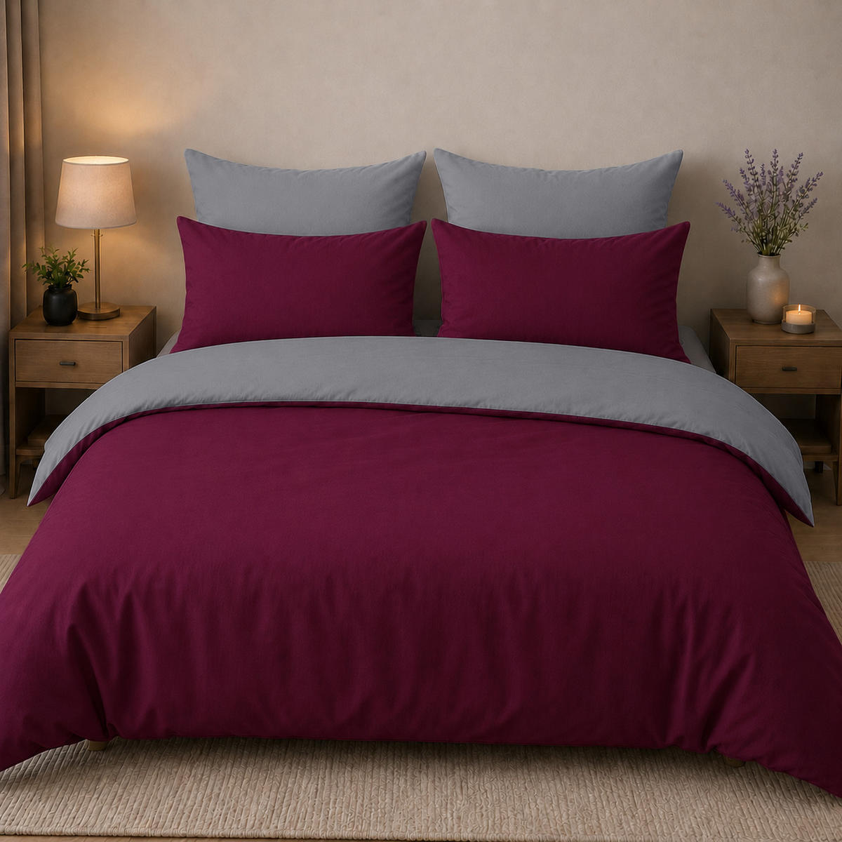 WENDEBETTWÄSCHE 5-teilig 200/200cm GRAU-WEINROT - Weinrot, Textil (200/200cm) - ROLFNERS