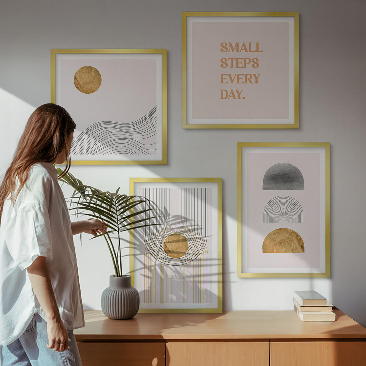 WANDBILDER 4er Set - 50x50 cm & 40x60 cm Goldrahmen - Abstrakte geometrische Formen - Goldfarben, Kunststoff (50/50cm) - ArtPrintCave