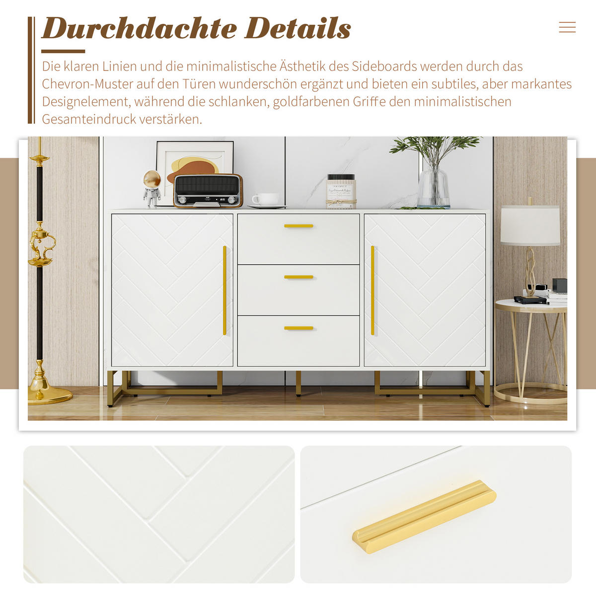 SIDEBOARD 145/40/75 cm weiß aus MDF-Holzwerkstoff mit Fischgrätenmuster und 3 Schubladen - Weiß, Holzwerkstoff (145/75/40cm) - OKWISH