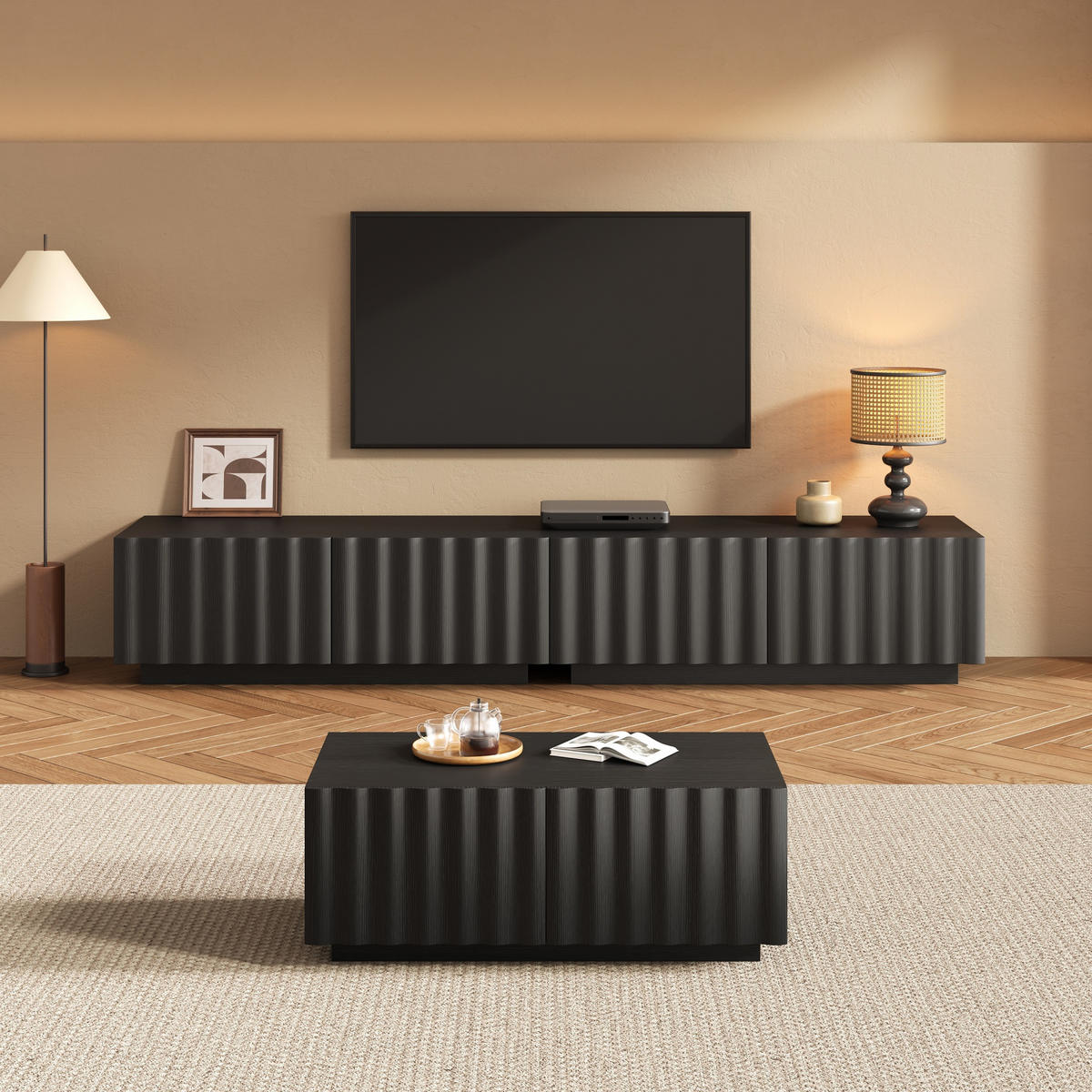 WOHNZIMMER-SET in Schwarz Wohnzimmermöbelset mit Schuhbladen, Lowboard & Couchtisch - Schwarz, Holzwerkstoff (200/35/40cm) - STILVORA