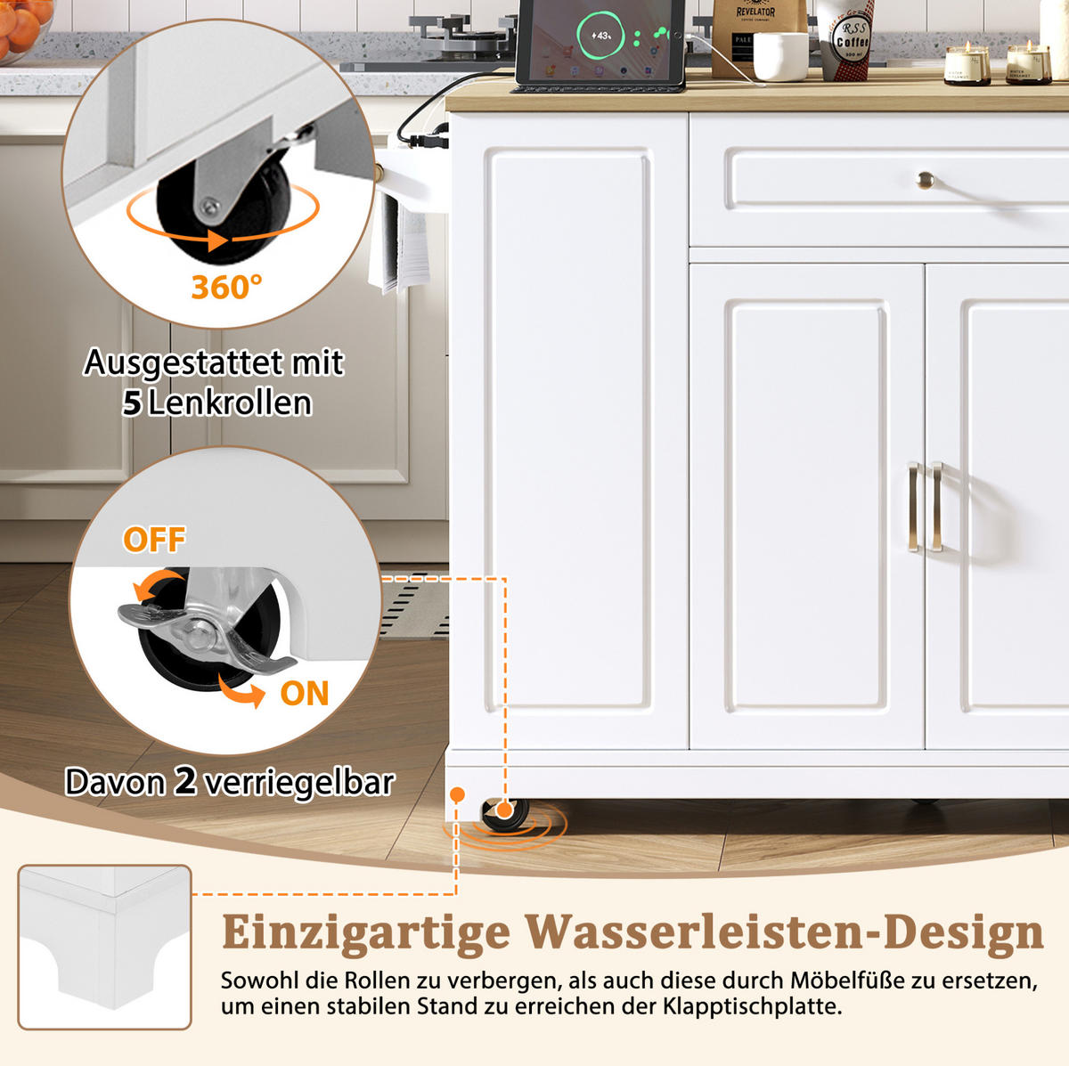 KÜCHENINSEL 131,8/93,3/40-70 cm Weiß/Natur aus MDF und Holzwerkstoff mit Rollen - Weiß, Holzwerkstoff (40/93.3/131.8cm) - OKMYHOME