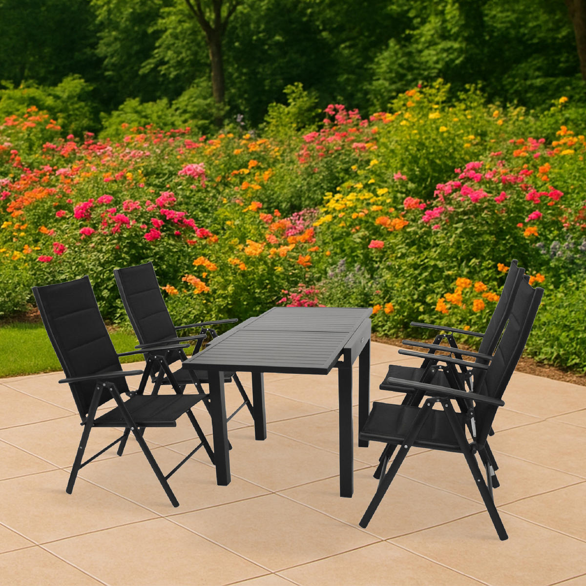 GARTEN-GARNITUR Ashford - 5-teilige Garten-Essgruppe (4x Klappsessel, Aluminium dunkelgrau + Textilgewebe gepolstert schwarz - Schwarz, Metall - TPFGarden