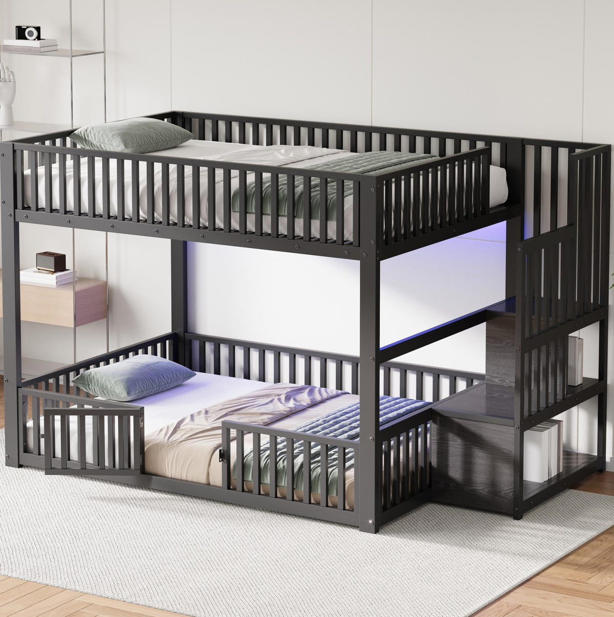ETAGENBETT 140/200 cm Schwarz mit LED und Stauraumleiter - Schwarz, Metall (140/200cm) - MIVRAY