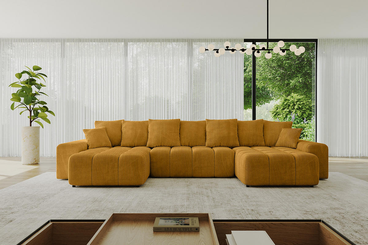 WOHNLANDSCHAFT ENIL-U 390x175x84 Senfgelb Cord - Currygelb, Holzwerkstoff/Kunststoff (390/84/175cm) - ALTDECOR