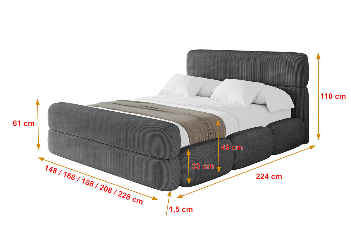 POLSTERBETT mit Bettkasten, Fußteil und Lattenrost, Bett mit Matratze H3/H4 - ELVA-Z 180x200 Dunkelgrau - Anthrazit, Holzwerkstoff/Textil (180/200cm) - ALTDECOR