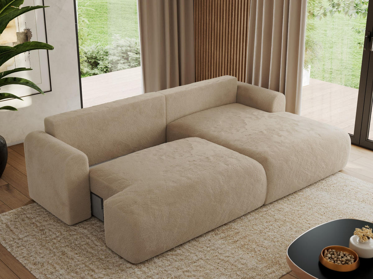ECKSCHLAFSOFA TONO L Beige Plüsch - rechts - Beige/Schwarz, Kunststoff/Textil (150/260cm) - MKS