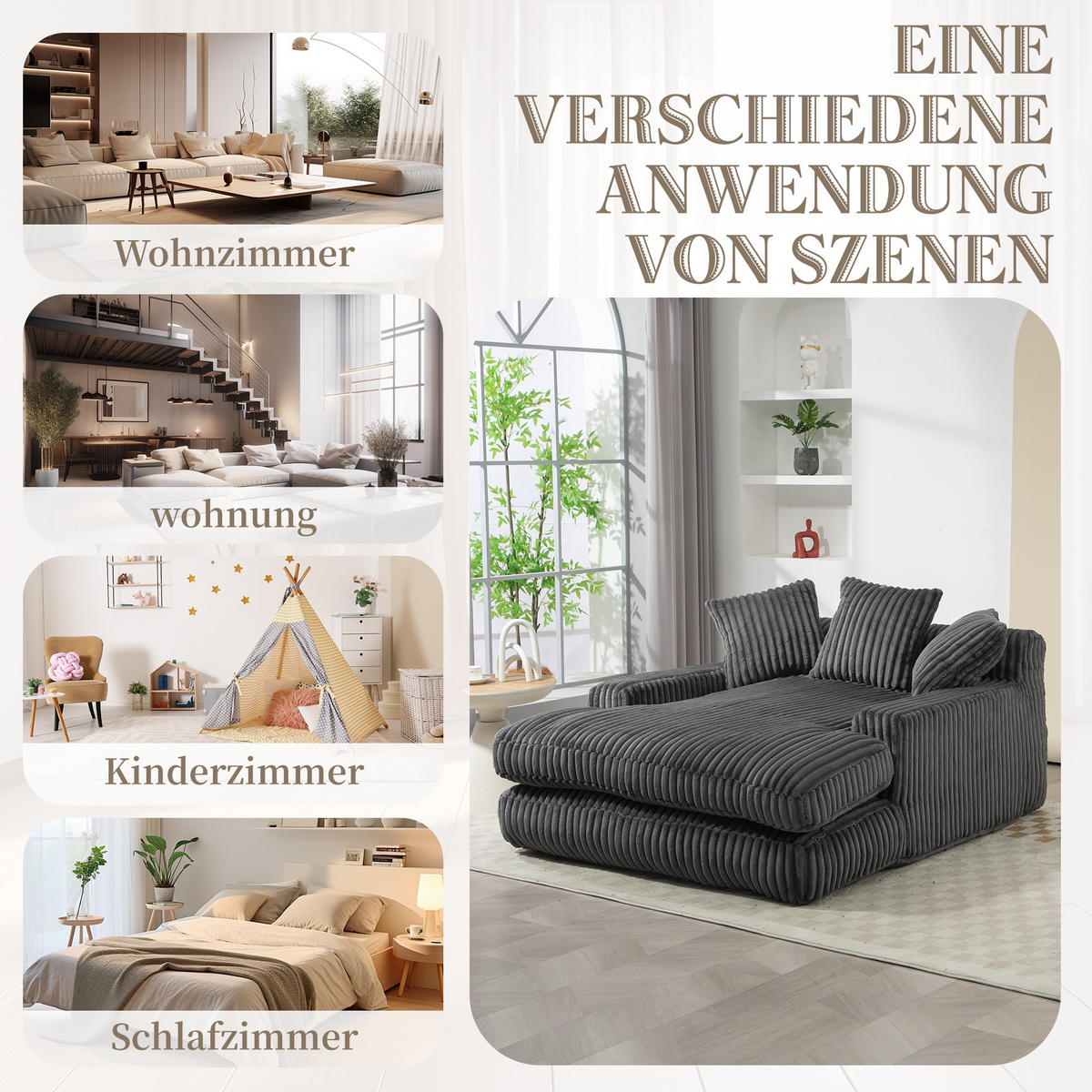 SCHLAFSOFA Relaxliege mit 3 Zierkissen,Lounge Sofa,Polstersofa,Cord,Dunkelgrau - Dunkelgrau, Textil (125/63/155cm) - LVHOM