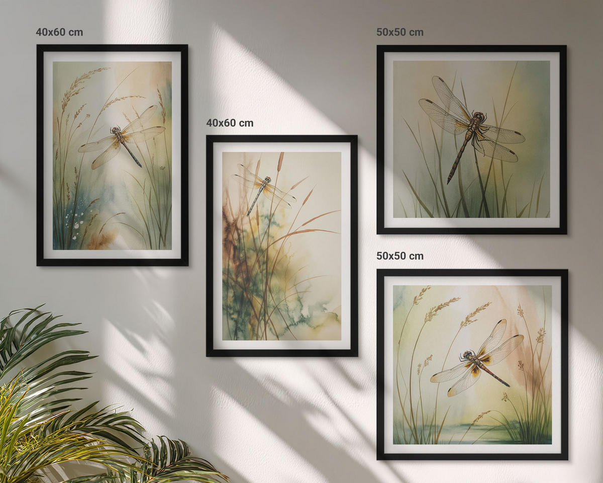 WANDBILDER 4er-Set - 50x50 cm & 40x60 cm Schwarzer Rahmen - Libellengräser über dem Wasser - Schwarz, Kunststoff (50/50cm) - ArtPrintCave