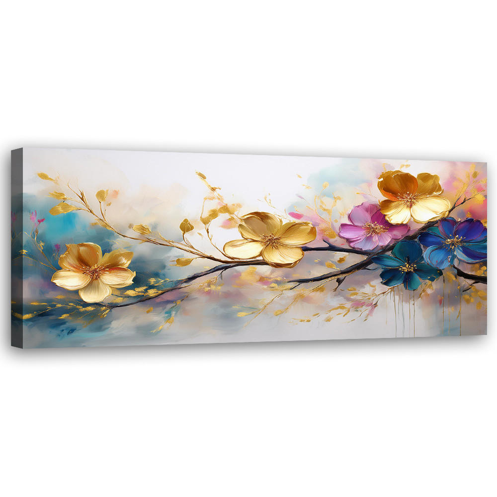 WANDBILD blühende bunte glamour blumen - Goldfarben, Textil (90/30cm) - Feeby