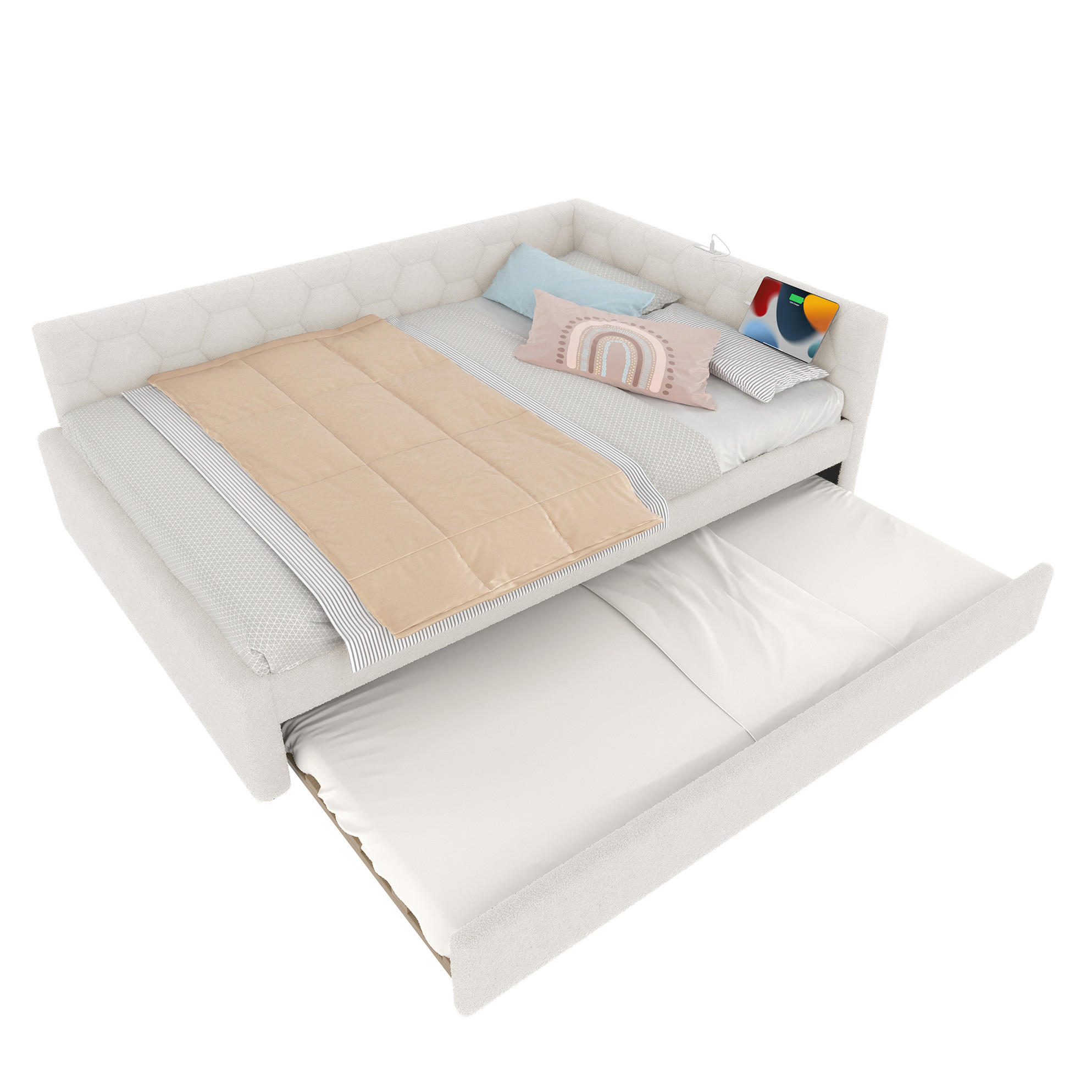 OKWISH POSTEL 140/200 cm bílá z MDF a sametové látky s výsuvným lůžkem USB a lampičkou