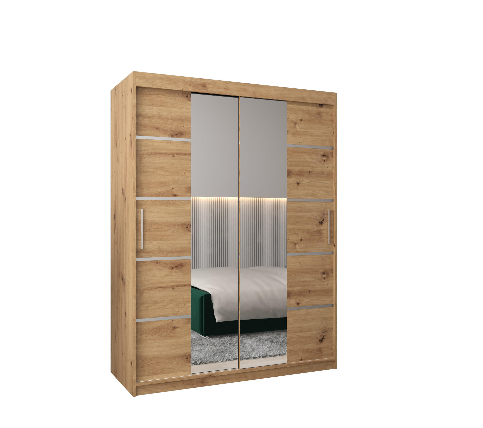 MÖBEL KRYSPOL SCHWEBETÜRENSCHRANK Eiche Artisan, Silber 150cm × 62cm × 200cm